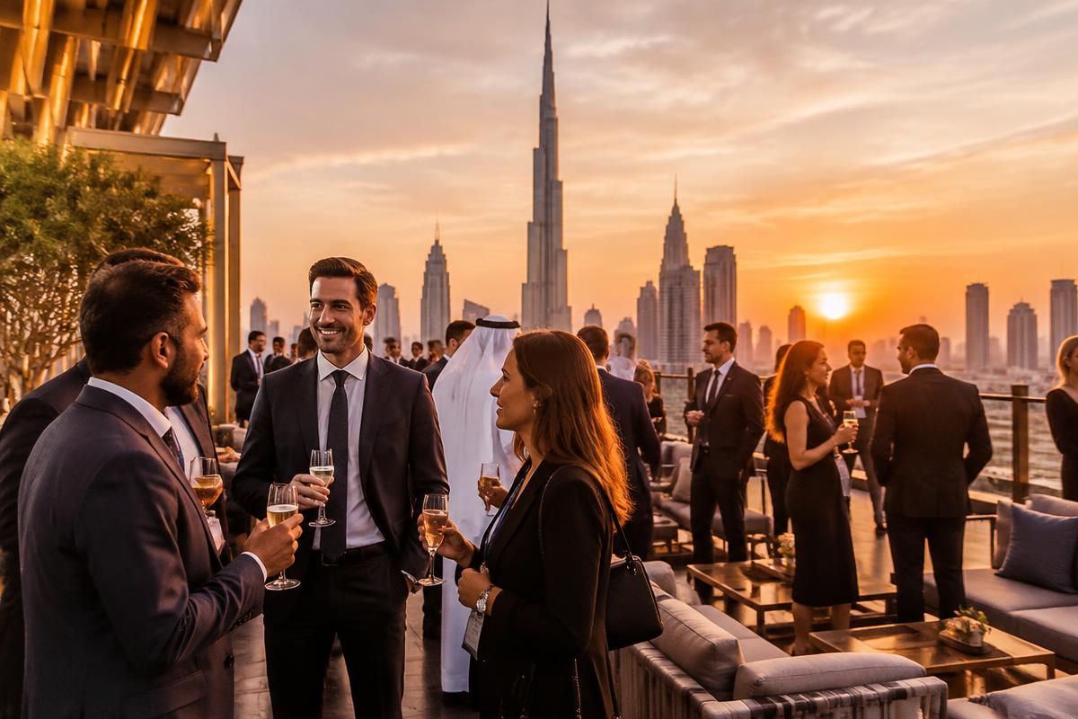 Business networking event on a Dubai terrace